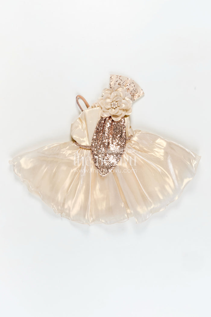 The Nesavu Girls Fancy Party Frock Girls Cream Organza frock new model design with Sequin Work and Floral Appliqué Accents Nesavu Nesavu Girls Cream Glaze Organza Dress Sequin Flower Detail frock new model design