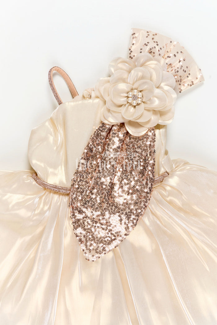 The Nesavu Girls Fancy Party Frock Girls Cream Organza frock new model design with Sequin Work and Floral Appliqué Accents Nesavu Nesavu Girls Cream Glaze Organza Dress Sequin Flower Detail frock new model design