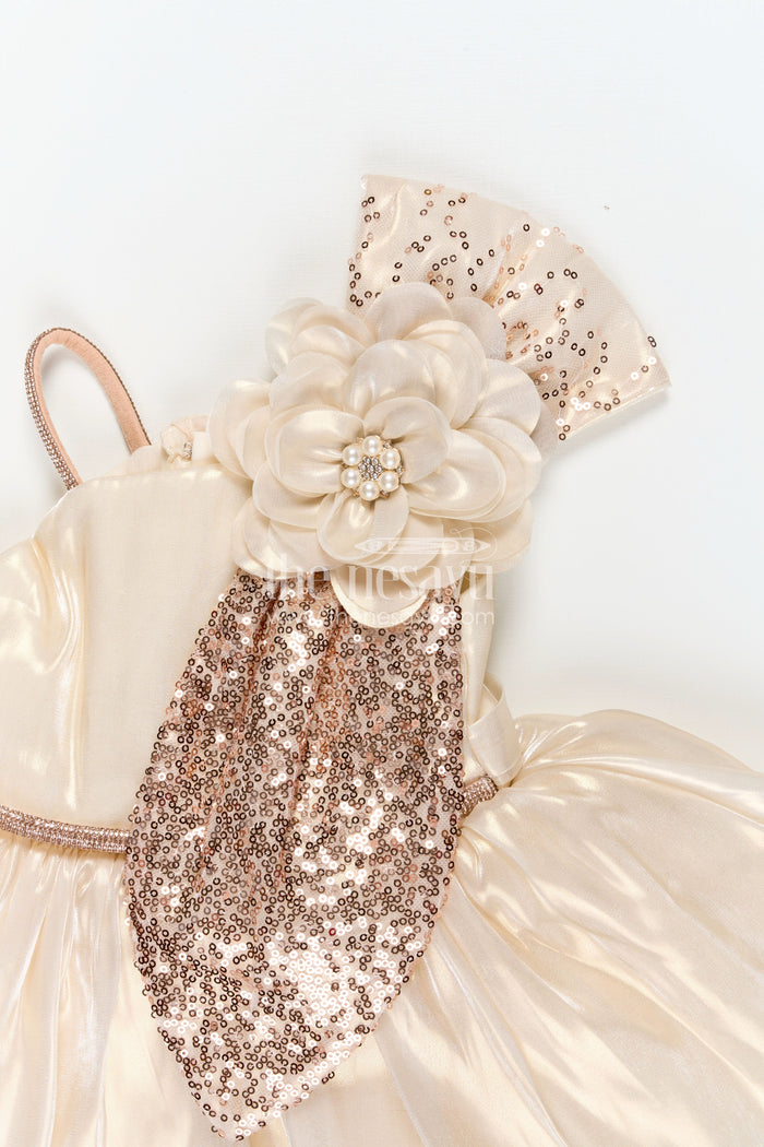 The Nesavu Girls Fancy Party Frock Girls Cream Organza frock new model design with Sequin Work and Floral Appliqué Accents Nesavu Nesavu Girls Cream Glaze Organza Dress Sequin Flower Detail frock new model design