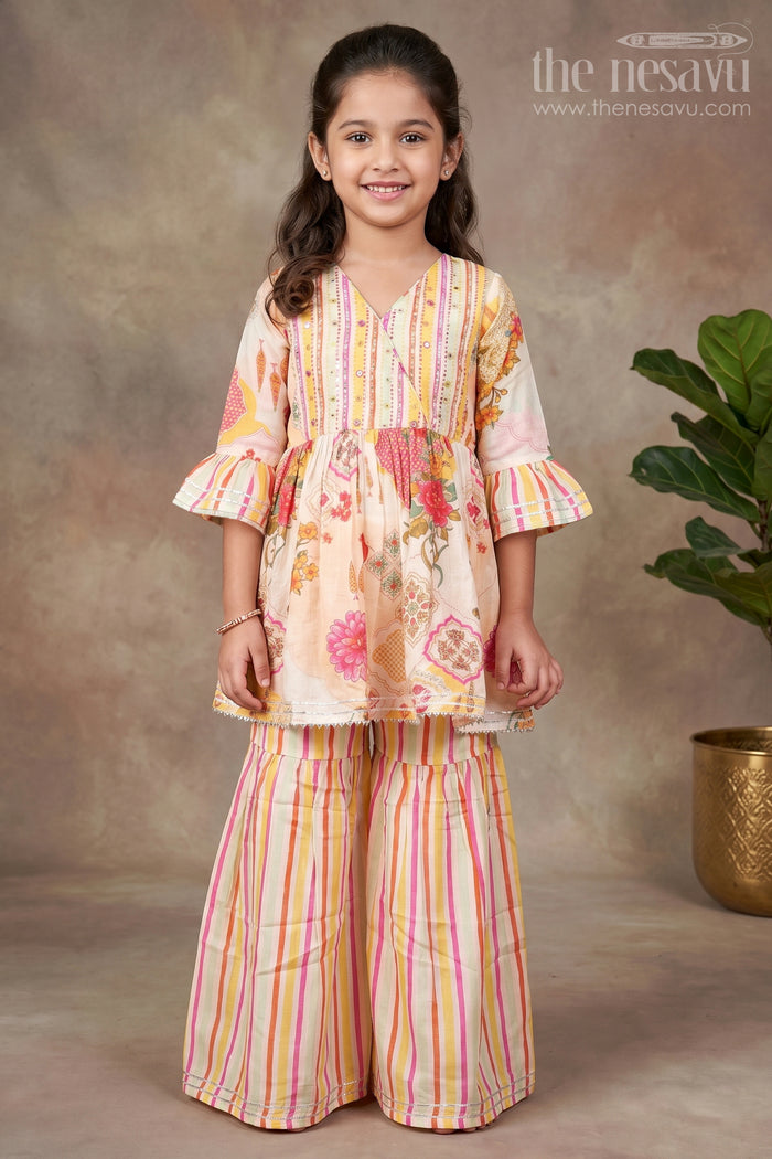 The Nesavu Girls Sharara / Plazo Set Girls Cream Sharara Set with Floral Top for Ethnic Parties and Photoshoots Nesavu 18 (2Y) / Cream GPS855A-18 Nesavu girls cream sharara set floral digital print striped pants  festive party outfit