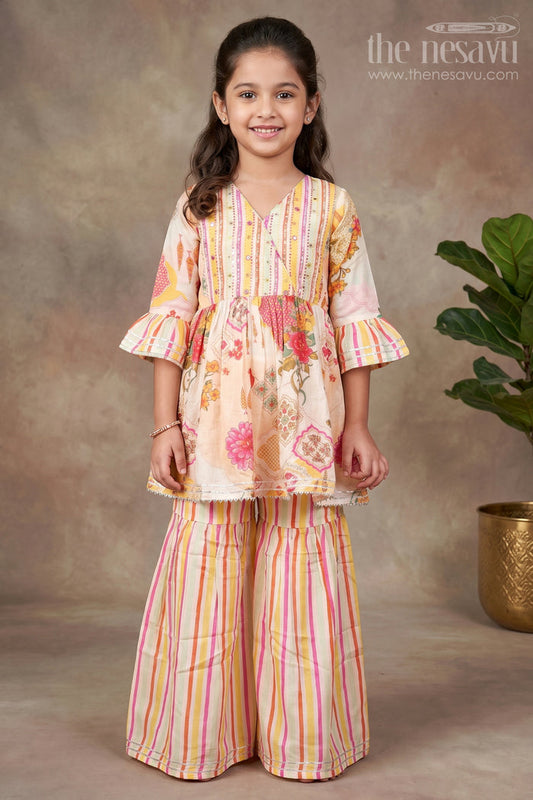 The Nesavu Girls Sharara / Plazo Set Girls Cream Sharara Set with Floral Top for Ethnic Parties and Photoshoots Nesavu 18 (2Y) / Cream GPS855A-18 Nesavu girls cream sharara set floral digital print striped pants  festive party outfit