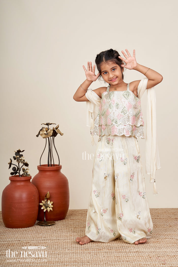 The Nesavu Girls Sharara / Plazo Set Girls cream sharara set with sequin embroidery for weddings and receptions Nesavu 16 (1Y) / Cream GPS717A-16 Nesavu cream shimmer sharara set girls floral sequin embroidery  perfect wedding celebrations