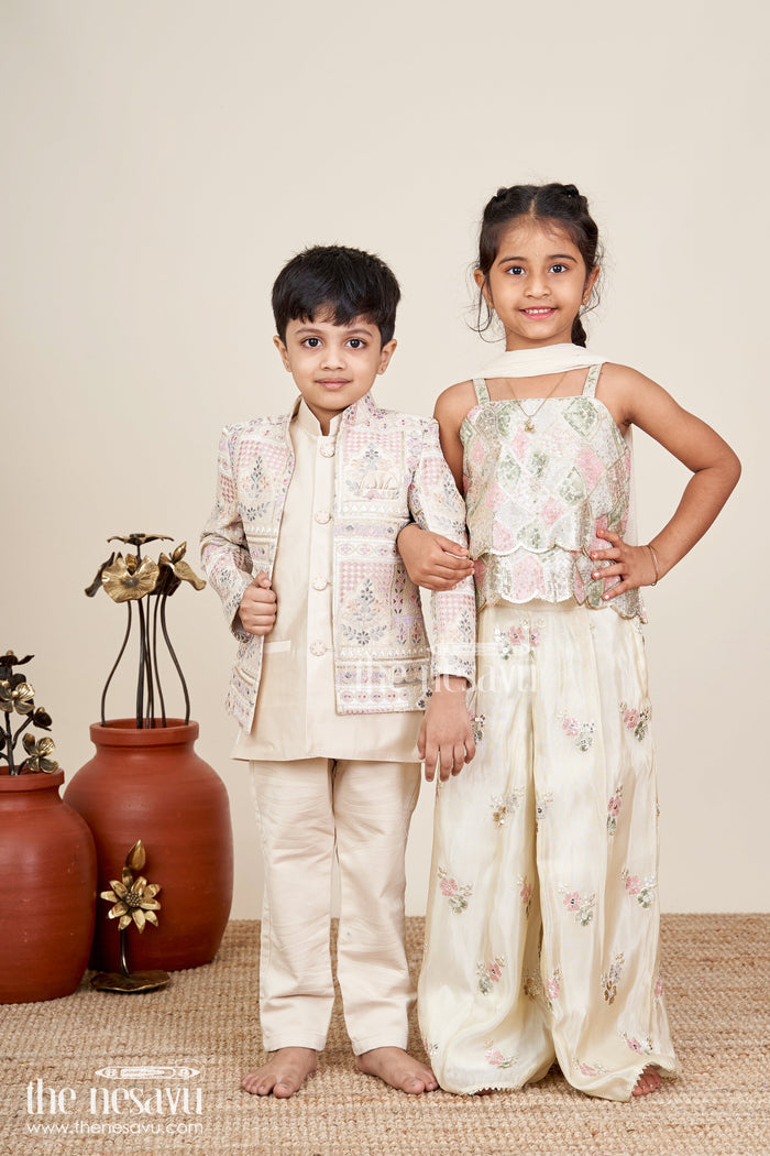 The Nesavu Girls Sharara / Plazo Set Girls cream sharara set with sequin embroidery for weddings and receptions Nesavu Nesavu cream shimmer sharara set girls floral sequin embroidery  perfect wedding celebrations