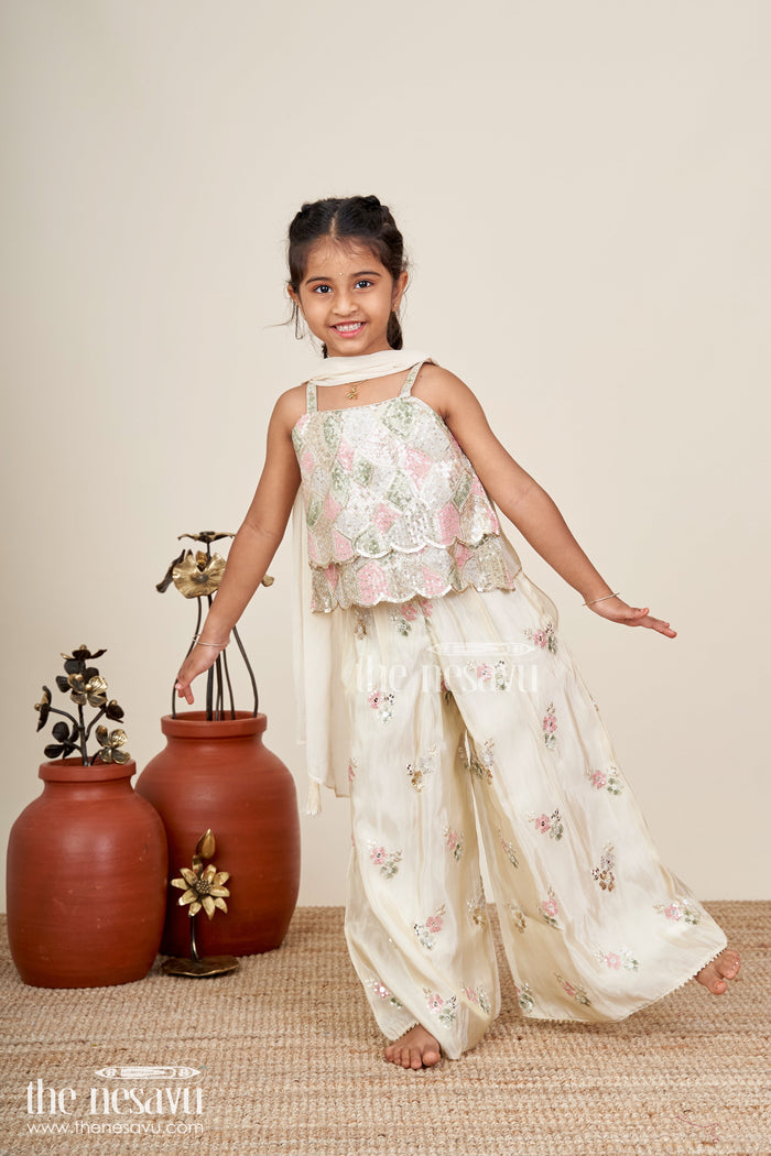 The Nesavu Girls Sharara / Plazo Set Girls cream sharara set with sequin embroidery for weddings and receptions Nesavu Nesavu cream shimmer sharara set girls floral sequin embroidery  perfect wedding celebrations