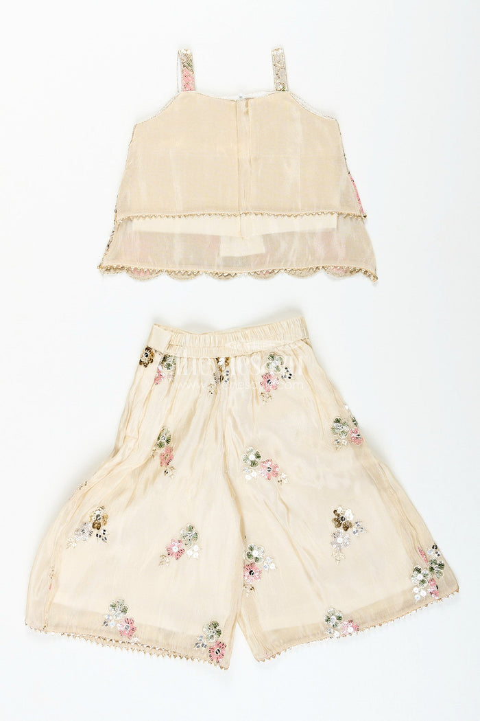 The Nesavu Girls cream sharara set with sequin embroidery for weddings and receptions Nesavu Nesavu cream shimmer sharara set girls floral sequin embroidery  perfect wedding celebrations
