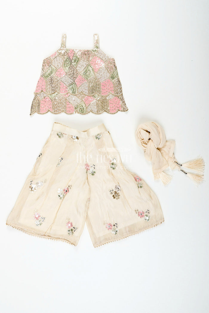 The Nesavu Girls cream sharara set with sequin embroidery for weddings and receptions Nesavu Nesavu cream shimmer sharara set girls floral sequin embroidery  perfect wedding celebrations