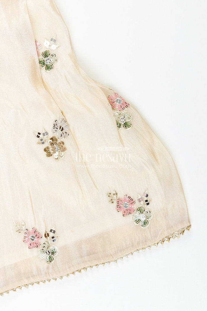 The Nesavu Girls cream sharara set with sequin embroidery for weddings and receptions Nesavu Nesavu cream shimmer sharara set girls floral sequin embroidery  perfect wedding celebrations