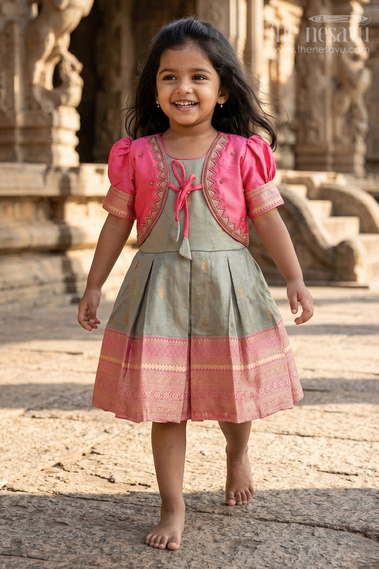 The Nesavu Silk Party Frock Girls Cute Newborn Dresses in Silk with Designer Pink Jacket and Green Pleated Zari Skirt Nesavu 16 (1Y) / Pink SF1004A-16 Girls Cute Newborn Dresses Green Pink Silk Jacket Zari Embroidered Skirt | The Nesavu