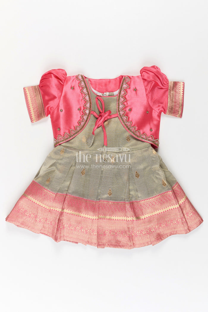 The Nesavu Silk Party Frock Girls Cute Newborn Dresses in Silk with Designer Pink Jacket and Green Pleated Zari Skirt Nesavu Girls Cute Newborn Dresses Green Pink Silk Jacket Zari Embroidered Skirt | The Nesavu