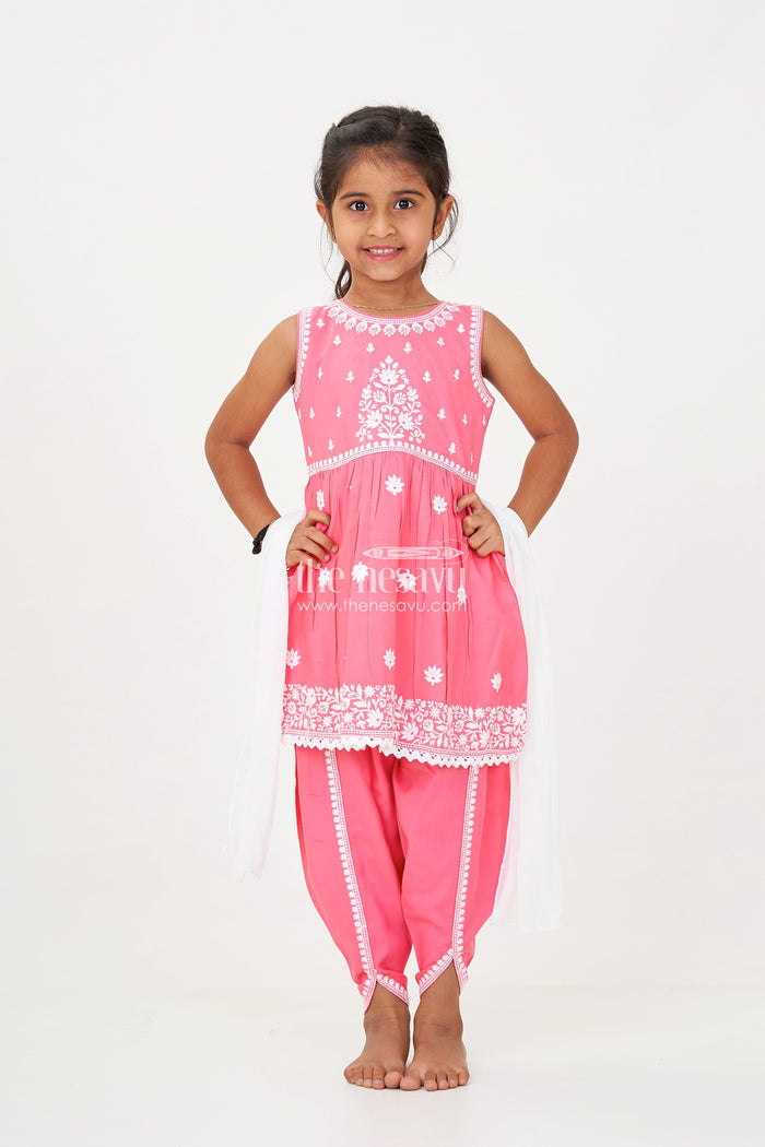 The Nesavu Girls Dothi Sets Girls dark pink sharara Set with Rayon Thread Embroidery and White Dupatta for Ethnic Charm Nesavu Nesavu Girls dark pink sharara Set White Thread Embroidery Dupatta Festive Elegance