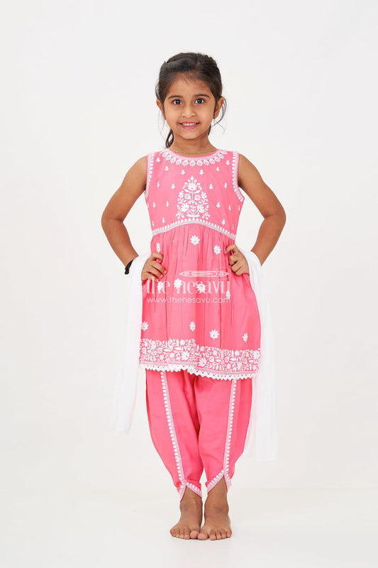 The Nesavu Girls Dothi Sets Girls dark pink sharara Set with Rayon Thread Embroidery and White Dupatta for Ethnic Charm Nesavu Nesavu Girls dark pink sharara Set White Thread Embroidery Dupatta Festive Elegance