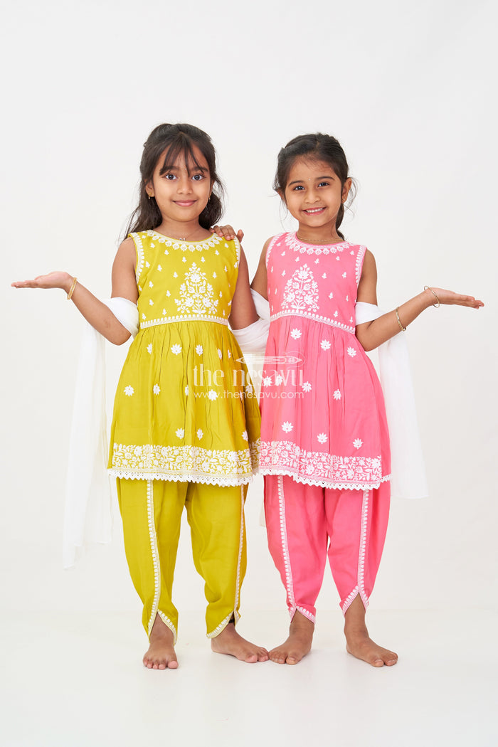 The Nesavu Girls Dothi Sets Girls dark pink sharara Set with Rayon Thread Embroidery and White Dupatta for Ethnic Charm Nesavu Nesavu Girls dark pink sharara Set White Thread Embroidery Dupatta Festive Elegance