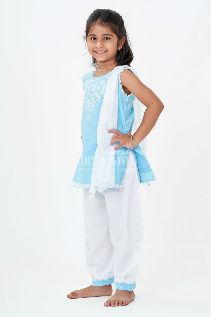 The Nesavu Girls Churidar Sets Girls Designer Chudi Set in Blue and White with Stone Embellished Yoke and Embroidered Hem Nesavu Girls Designer Chudi Set Cotton Embellished Kurti Dhoti Pants | The Nesavu