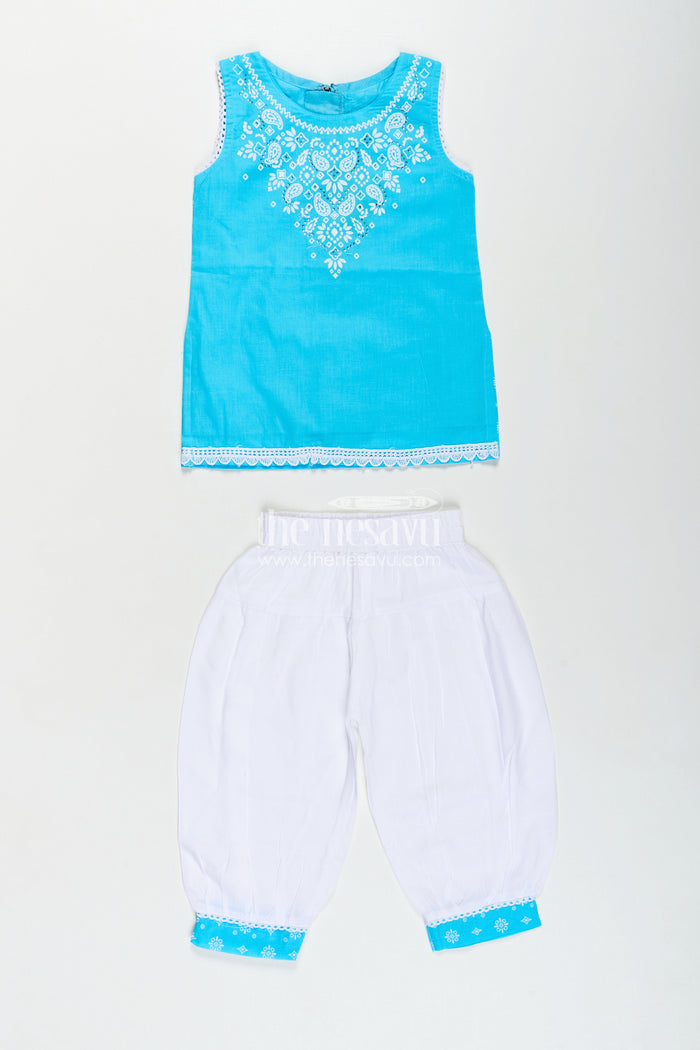 The Nesavu Girls Churidar Sets Girls Designer Chudi Set in Blue and White with Stone Embellished Yoke and Embroidered Hem Nesavu Girls Designer Chudi Set Cotton Embellished Kurti Dhoti Pants | The Nesavu
