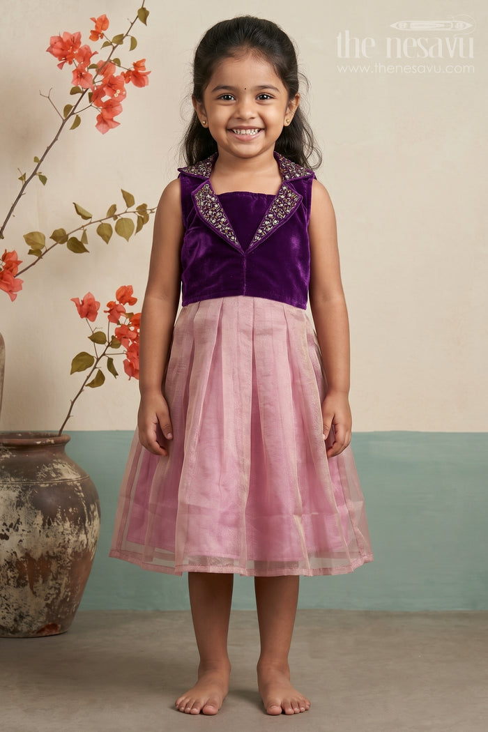The Nesavu Silk Frock Girls Designer Frocks in Velvet with Kundan Embellished Collar and Pleated Tissue Skirt Nesavu 16 (1Y) / Pink SF987B-16 Girls Designer Frocks Velvet Kundan Collar Pleated Tissue Skirt Special Occasions | The Nesavu