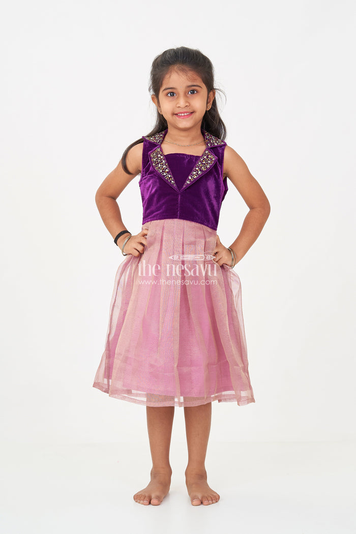 The Nesavu Silk Frock Girls Designer Frocks in Velvet with Kundan Embellished Collar and Pleated Tissue Skirt Nesavu Girls Designer Frocks Velvet Kundan Collar Pleated Tissue Skirt Special Occasions | The Nesavu