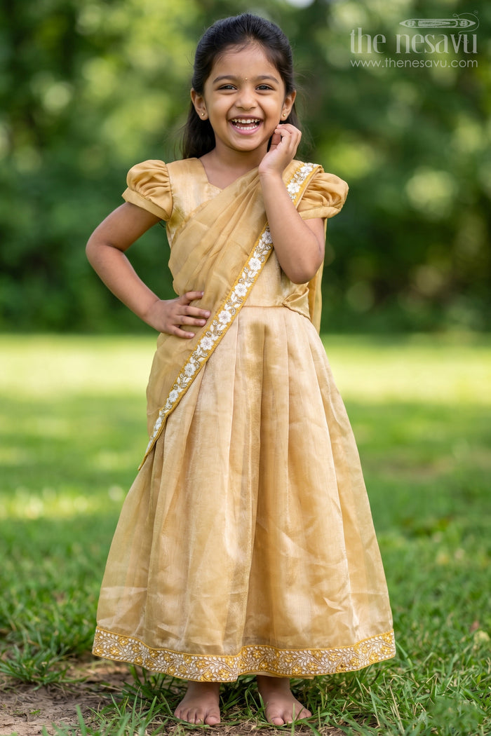 The Nesavu Girls Party Gown Girls Designer Gown for Party in Golden Organza with Thread Embroidery Lace and Delicate Dupatta Nesavu 20 (3Y) / Yellow GA310B-20 Girls Designer Golden Gown for Party in Organza with Embroidered Lace and Flowing Dupatta | The Nesavu