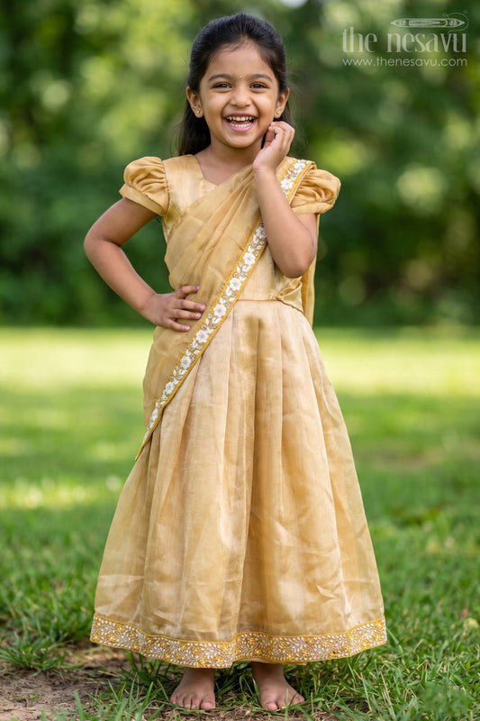 The Nesavu Girls Party Gown Girls Designer Gown for Party in Golden Organza with Thread Embroidery Lace and Delicate Dupatta Nesavu 20 (3Y) / Yellow GA310B-20 Girls Designer Golden Gown for Party in Organza with Embroidered Lace and Flowing Dupatta | The Nesavu