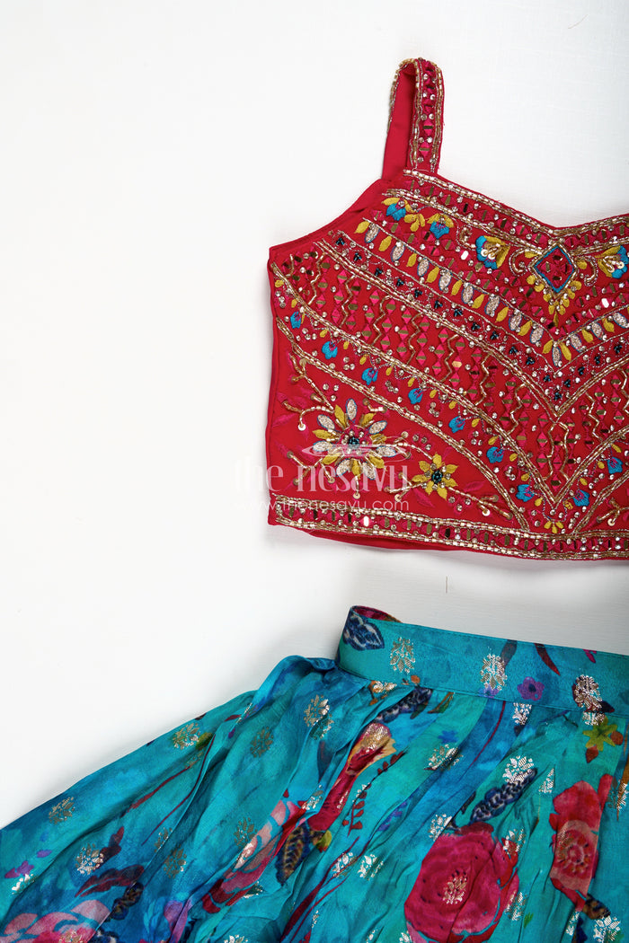 The Nesavu Girls Lehenga Choli Girls Designer Lehenga Choli Wedding Function Wear Nesavu Nesavu Luxury Girls Lehenga Choli Embroidered Red Top Teal Printed Skirt Dupatta