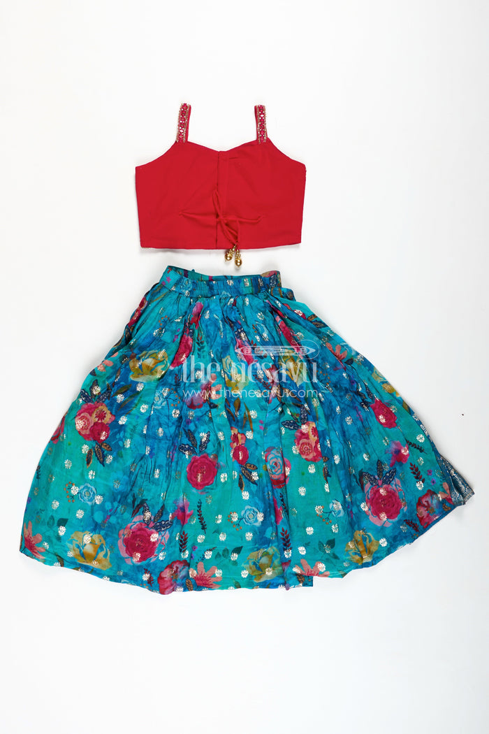 The Nesavu Girls Lehenga Choli Girls Designer Lehenga Choli Wedding Function Wear Nesavu Nesavu Luxury Girls Lehenga Choli Embroidered Red Top Teal Printed Skirt Dupatta