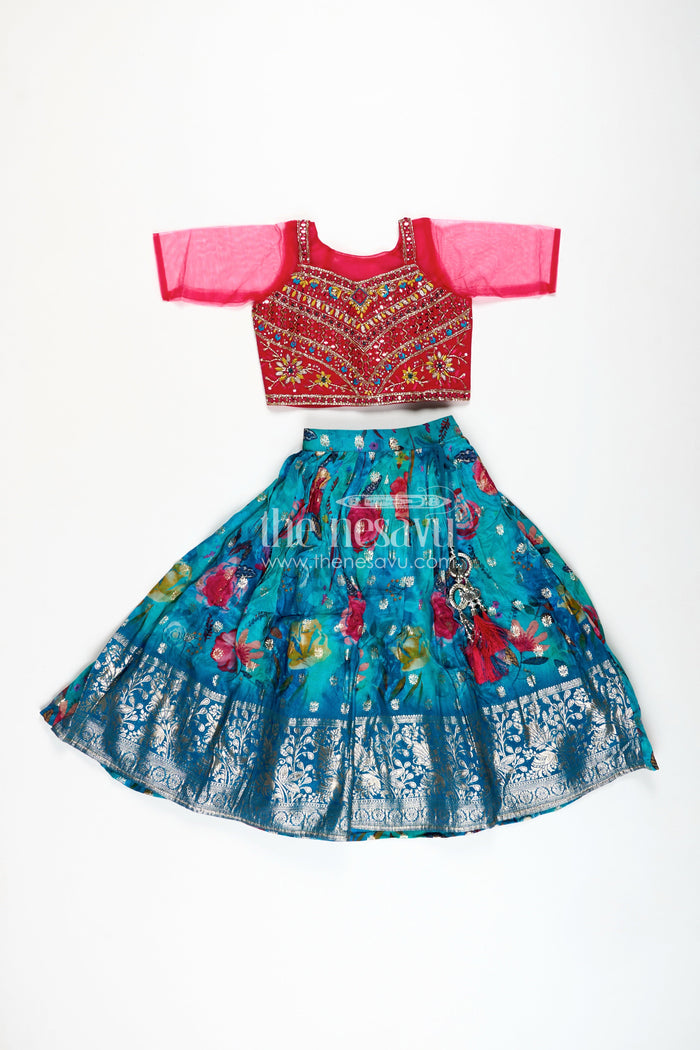 The Nesavu Girls Lehenga Choli Girls Designer Lehenga Choli Wedding Function Wear Nesavu Nesavu Luxury Girls Lehenga Choli Embroidered Red Top Teal Printed Skirt Dupatta