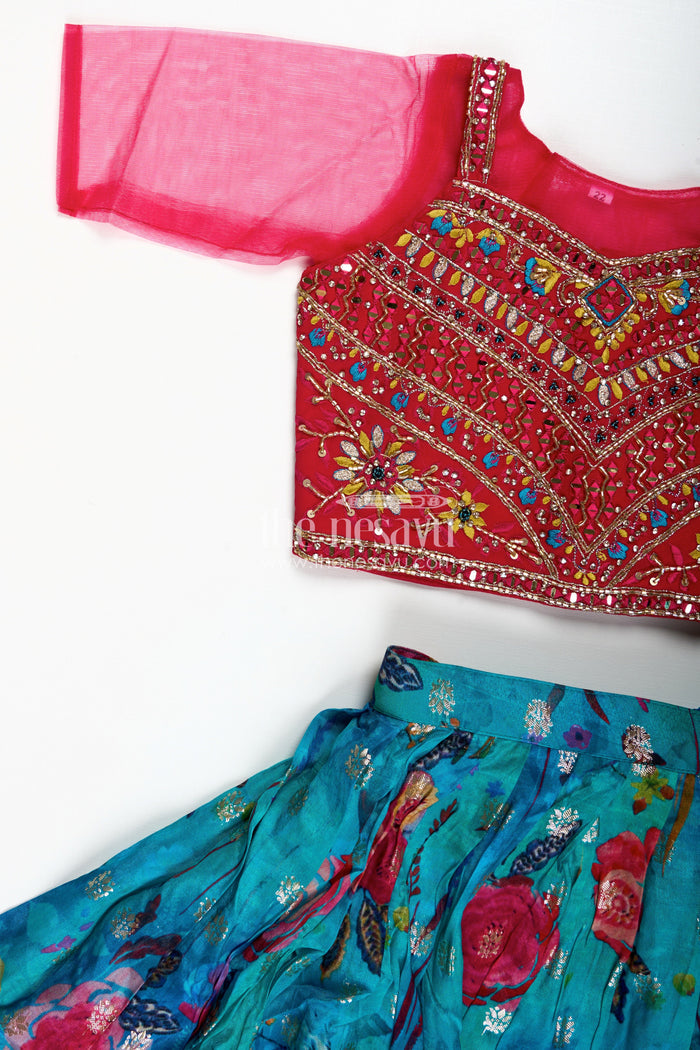 The Nesavu Girls Lehenga Choli Girls Designer Lehenga Choli Wedding Function Wear Nesavu Nesavu Luxury Girls Lehenga Choli Embroidered Red Top Teal Printed Skirt Dupatta