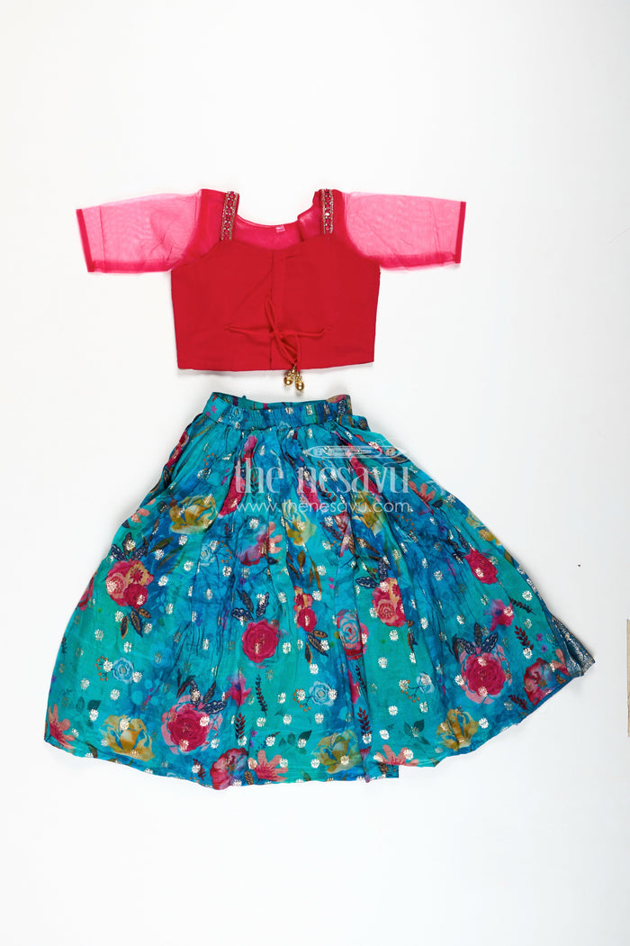 The Nesavu Girls Lehenga Choli Girls Designer Lehenga Choli Wedding Function Wear Nesavu Nesavu Luxury Girls Lehenga Choli Embroidered Red Top Teal Printed Skirt Dupatta