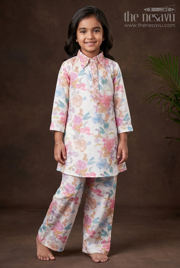 The Nesavu Girls Casual Set Girls Digital Print Top and Pants Co-Ord Set In Modal Silk Nesavu 24 (5Y) / Cream GPS660A-24 Nesavu girls digital printed modal silk co-ord set casual festive wear
