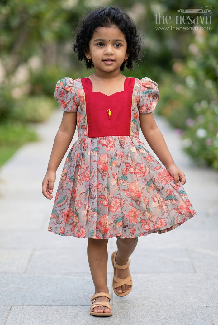 The Nesavu Girls Chanderi Frock Girls Digital Printed Chanderi Frock with Pleats and Parrot Brooch in Beautiful Design Frock Style Nesavu 18 (2Y) / Gray GFC1741A-18 Girls Beautiful Design Frock Digital Printed Chanderi Pink Yoke Whimsical Floral Print | The Nesavu