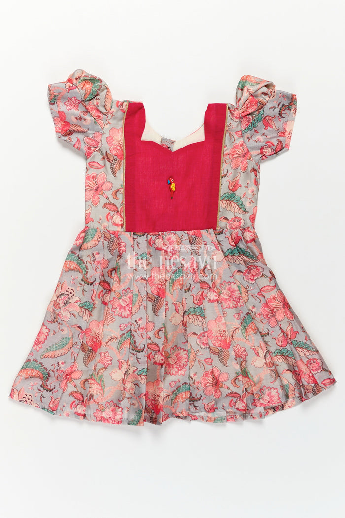The Nesavu Girls Chanderi Frock Girls Digital Printed Chanderi Frock with Pleats and Parrot Brooch in Beautiful Design Frock Style Nesavu 18 (2Y) / Gray GFC1741A-18 Girls Beautiful Design Frock Digital Printed Chanderi Pink Yoke Whimsical Floral Print | The Nesavu