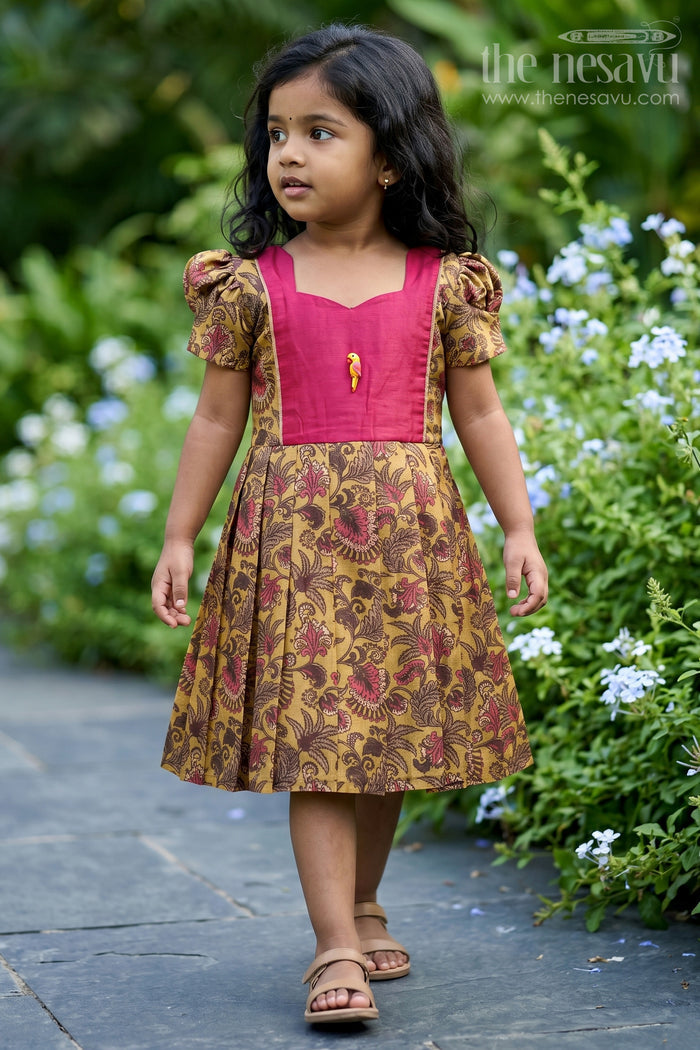 The Nesavu Girls Chanderi Frock Girls Digital Printed Chanderi Frock with Puff Sleeves and Pleated Skirt in Traditional Frock Design Style Nesavu 18 (2Y) / Yellow GFC1742A-18 Traditional Frock Design Girls Digital Printed Chanderi Pleats Parrot Accent | The Nesavu