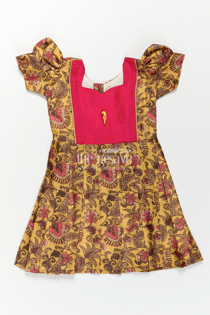 The Nesavu Girls Chanderi Frock Girls Digital Printed Chanderi Frock with Puff Sleeves and Pleated Skirt in Traditional Frock Design Style Nesavu Traditional Frock Design Girls Digital Printed Chanderi Pleats Parrot Accent | The Nesavu