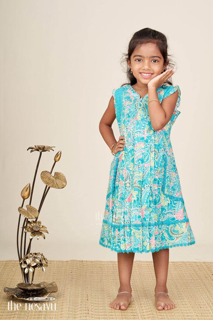 The Nesavu Girls Cotton Frock Girls Dress For Special Occasions Embroidered And Elegant Nesavu 22 (4Y) / Blue GFC1814A-22 Nesavu Girls Teal Dress Special Occasions Cotton Floral Print Shirred Details