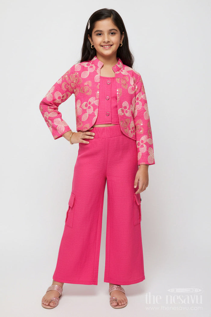 The Nesavu Girls Co-Ord Sets Girls Embroidered Co-Ord Set with Jacket for Ethnic Functions and Festive Parties Nesavu 24 (5Y) / Deeppink GPS638C-24 Nesavu girls embroidered co-ord set floral jacket festive ethnic outfit parties events