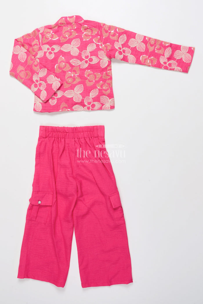 The Nesavu Girls Co-Ord Sets Girls Embroidered Co-Ord Set with Jacket for Ethnic Functions and Festive Parties Nesavu Nesavu girls embroidered co-ord set floral jacket festive ethnic outfit parties events
