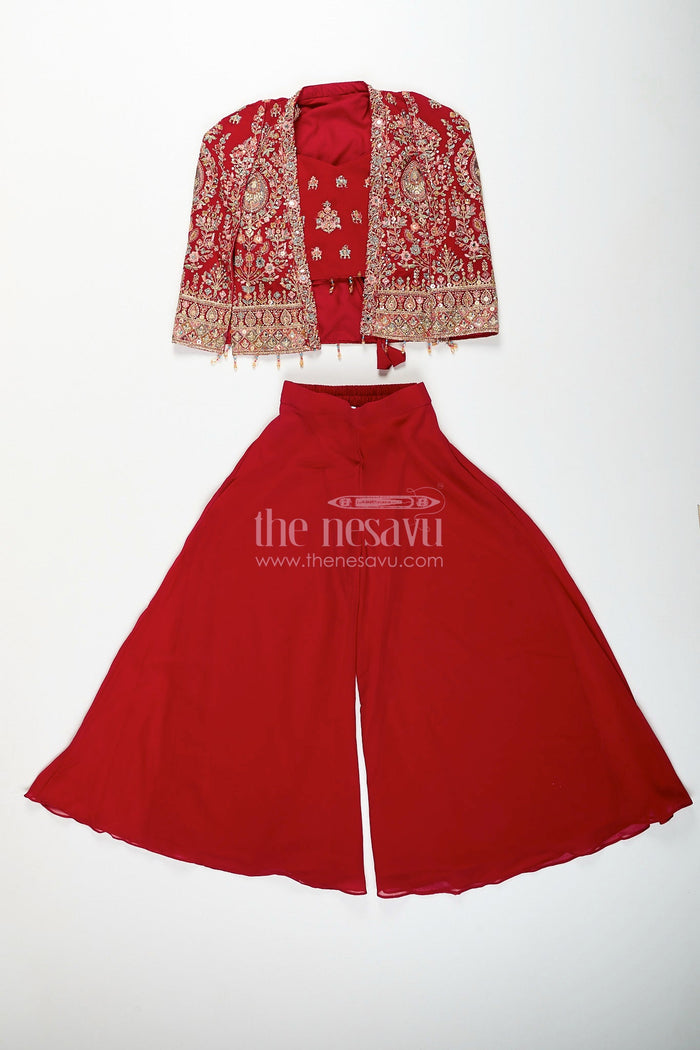 The Nesavu Girls Sharara / Plazo Set Girls embroidered jacket sharara set for weddings and parties Nesavu Nesavu girls georgette sharara set with designer embroidered jacket for weddings and parties
