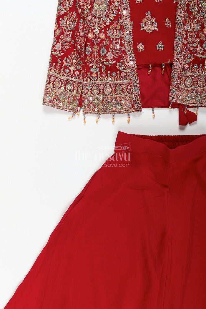 The Nesavu Girls Sharara / Plazo Set Girls embroidered jacket sharara set for weddings and parties Nesavu Nesavu girls georgette sharara set with designer embroidered jacket for weddings and parties