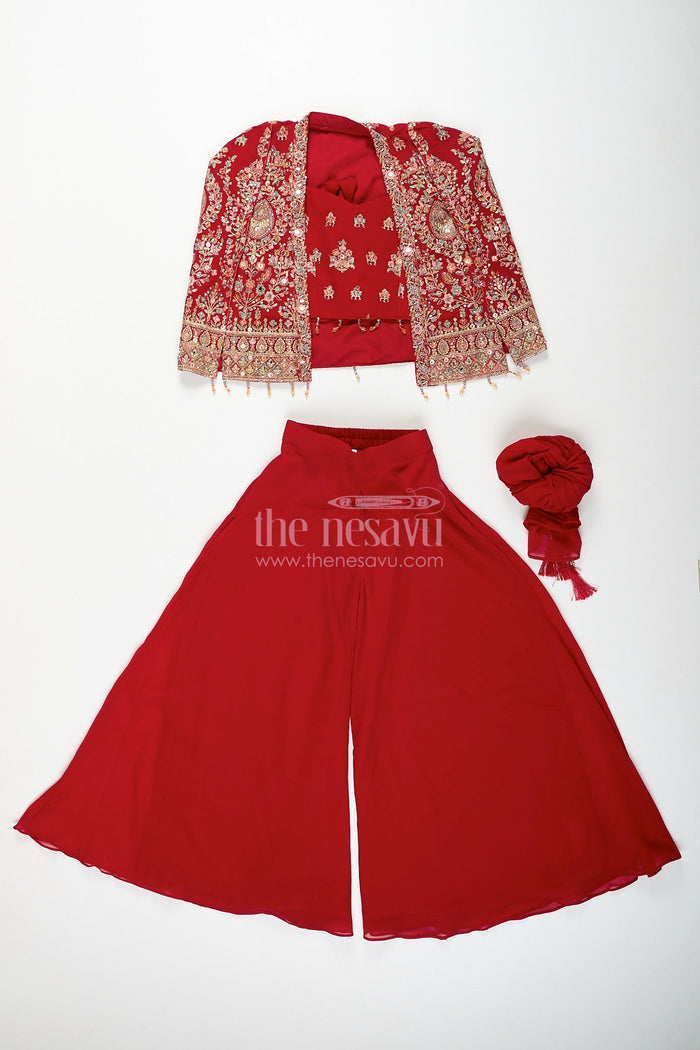 The Nesavu Girls Sharara / Plazo Set Girls embroidered jacket sharara set for weddings and parties Nesavu Nesavu girls georgette sharara set with designer embroidered jacket for weddings and parties