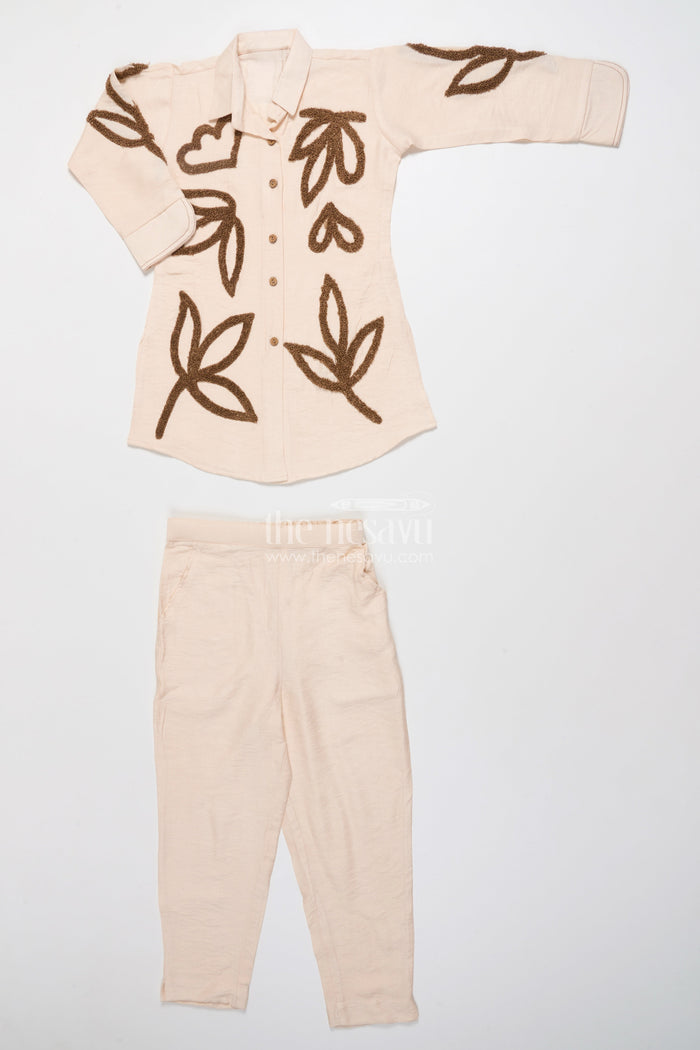 The Nesavu Girls Casual Set Girls Embroidered Kurta Palazzo Set for School Ethnic Day and Casual Celebrations Nesavu 28 (7Y) / Half white GPS785A-28 Nesavu girls shirt-style kurta palazzo set embroidery ethnic day light festive wear