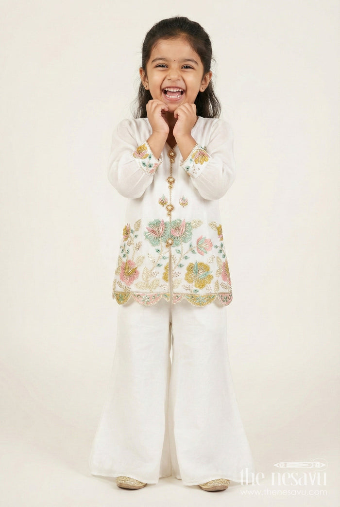 The Nesavu Girls Casual Set Girls Embroidered Organza Casual Set for Festivals and Poojas Nesavu 22 (4Y) / Cream GPS703A-22 Nesavu girls cream embroidered organza kurti set festive poojas traditional wear