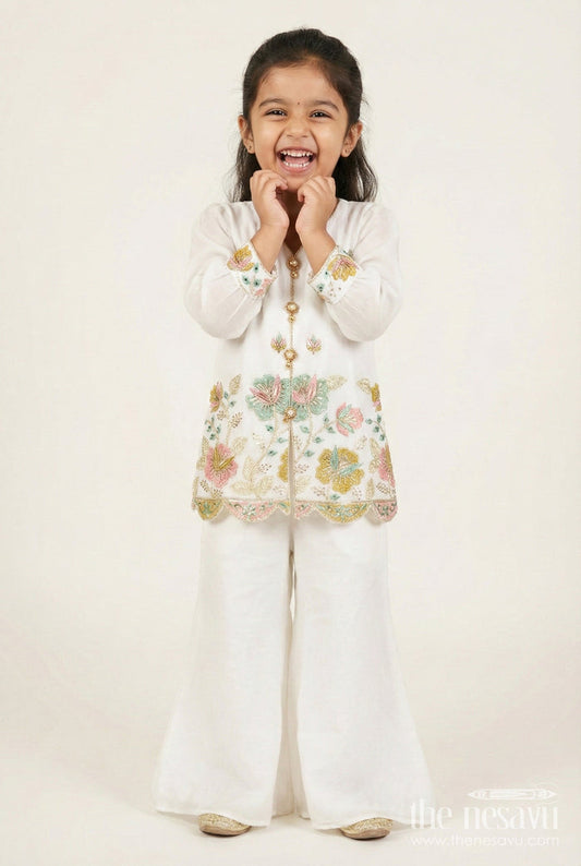 The Nesavu Girls Casual Set Girls Embroidered Organza Casual Set for Festivals and Poojas Nesavu 22 (4Y) / Cream GPS703A-22 Nesavu girls cream embroidered organza kurti set festive poojas traditional wear