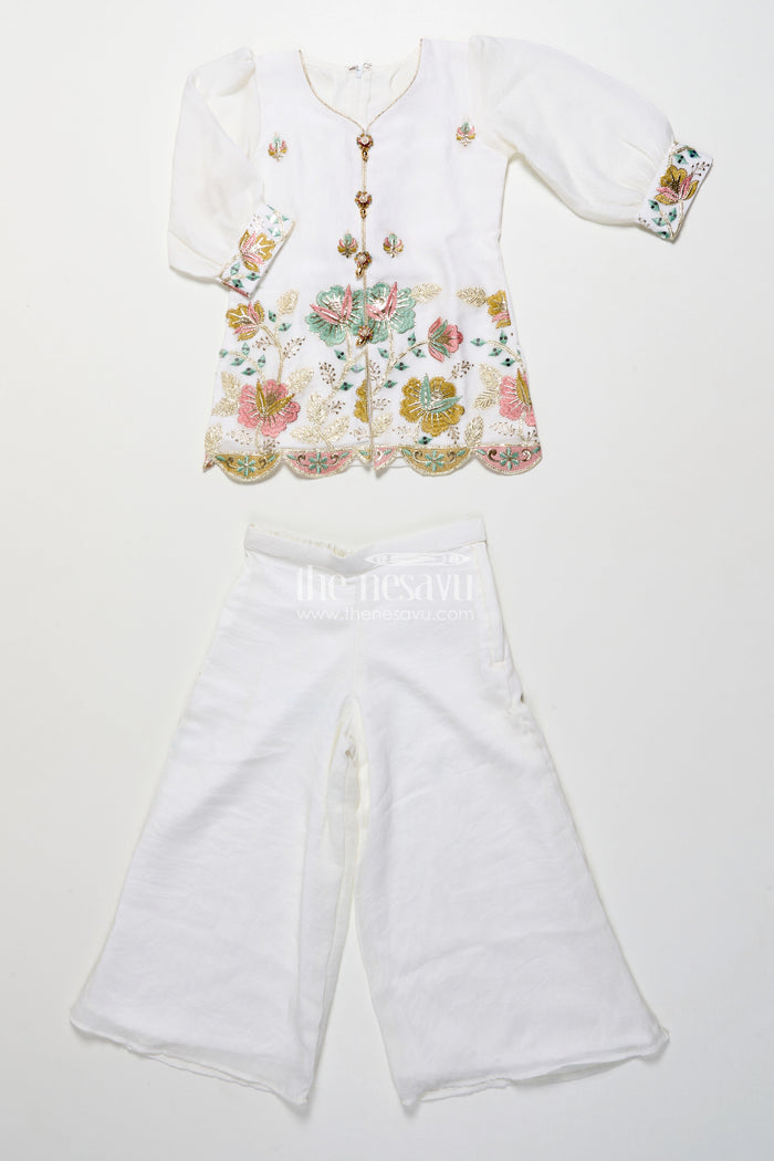 The Nesavu Girls Casual Set Girls Embroidered Organza Casual Set for Festivals and Poojas Nesavu 22 (4Y) / Cream GPS703A-22 Nesavu girls cream embroidered organza kurti set festive poojas traditional wear