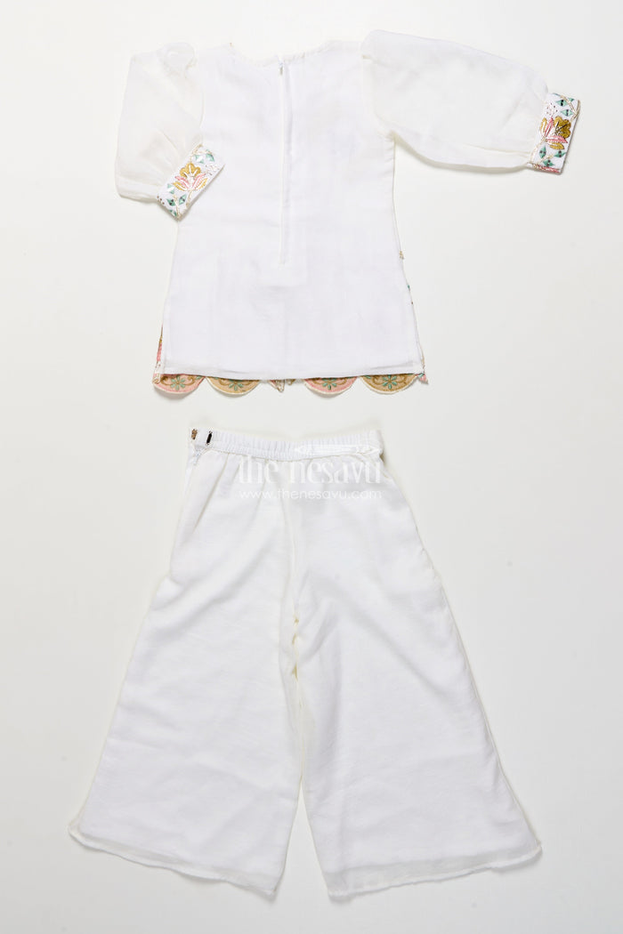 The Nesavu Girls Casual Set Girls Embroidered Organza Casual Set for Festivals and Poojas Nesavu Nesavu girls cream embroidered organza kurti set festive poojas traditional wear