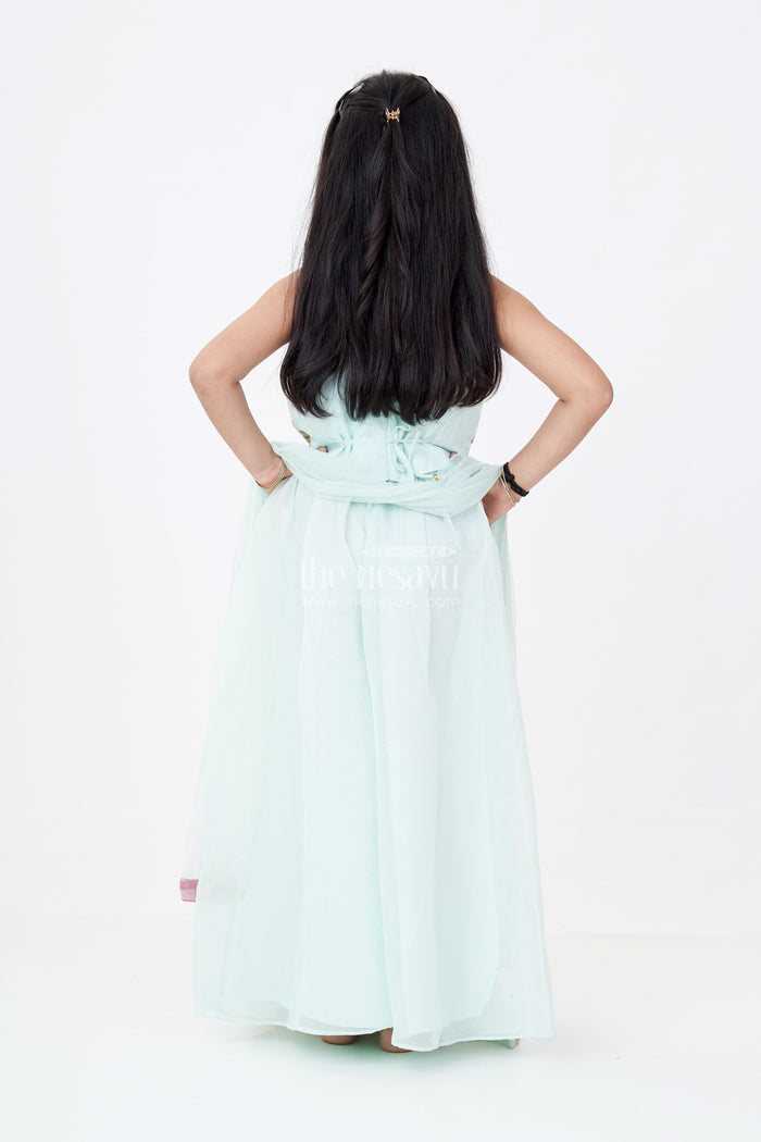 The Nesavu Girls Sharara / Plazo Set Girls Embroidered Plazo Crop Top Set in Aqua Blue with Mirror and Threadwork Details Nesavu Nesavu Girls Aqua Blue Embroidered Plazo Crop Top Set Matching Dupatta