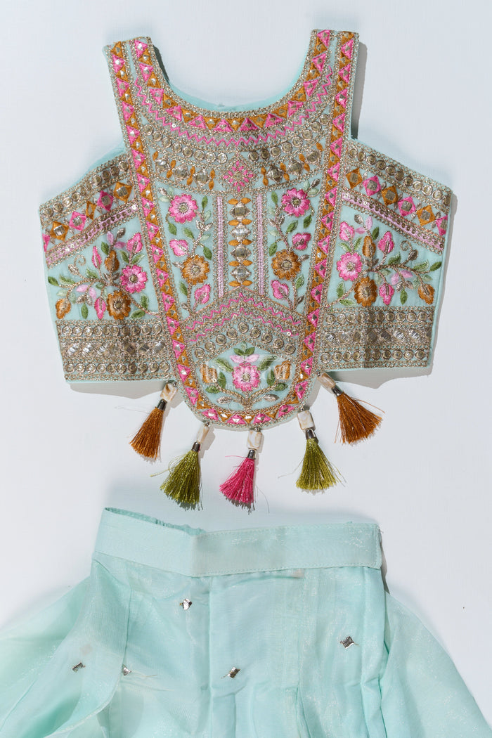 The Nesavu Girls Sharara / Plazo Set Girls Embroidered Plazo Crop Top Set in Aqua Blue with Mirror and Threadwork Details Nesavu Nesavu Girls Aqua Blue Embroidered Plazo Crop Top Set Matching Dupatta