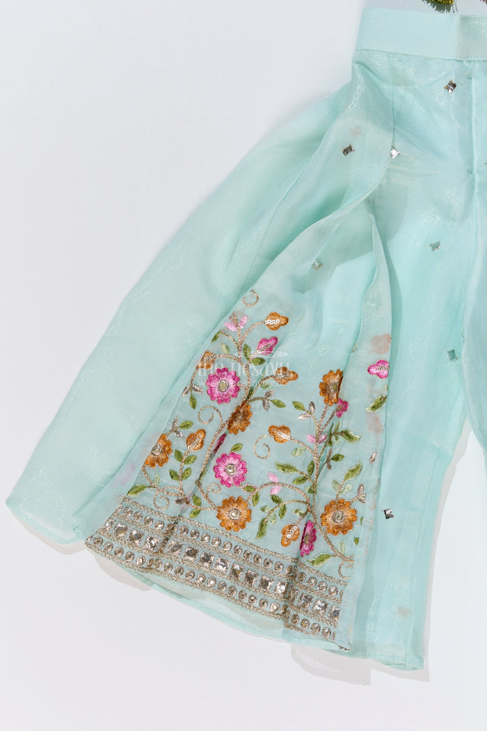 The Nesavu Girls Sharara / Plazo Set Girls Embroidered Plazo Crop Top Set in Aqua Blue with Mirror and Threadwork Details Nesavu Nesavu Girls Aqua Blue Embroidered Plazo Crop Top Set Matching Dupatta
