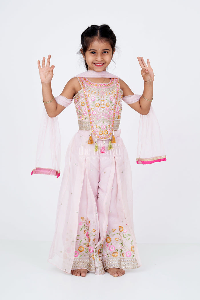 The Nesavu Girls Sharara / Plazo Set Girls Embroidered Plazo with Crop Top for Wedding in Pastel Pink with Tassel Detailing Nesavu 18 (2Y) / Pink GPS510A-18 Nesavu Girls Embroidered Wedding Plazo Set Crop Top Dupatta Pastel Pink