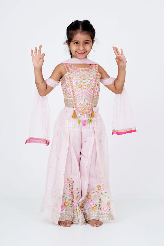 The Nesavu Girls Sharara / Plazo Set Girls Embroidered Plazo with Crop Top for Wedding in Pastel Pink with Tassel Detailing Nesavu 18 (2Y) / Pink GPS510A-18 Nesavu Girls Embroidered Wedding Plazo Set Crop Top Dupatta Pastel Pink
