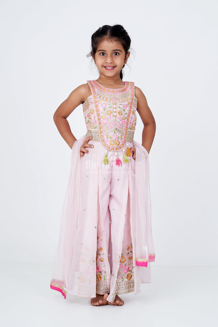 The Nesavu Girls Sharara / Plazo Set Girls Embroidered Plazo with Crop Top for Wedding in Pastel Pink with Tassel Detailing Nesavu Nesavu Girls Embroidered Wedding Plazo Set Crop Top Dupatta Pastel Pink