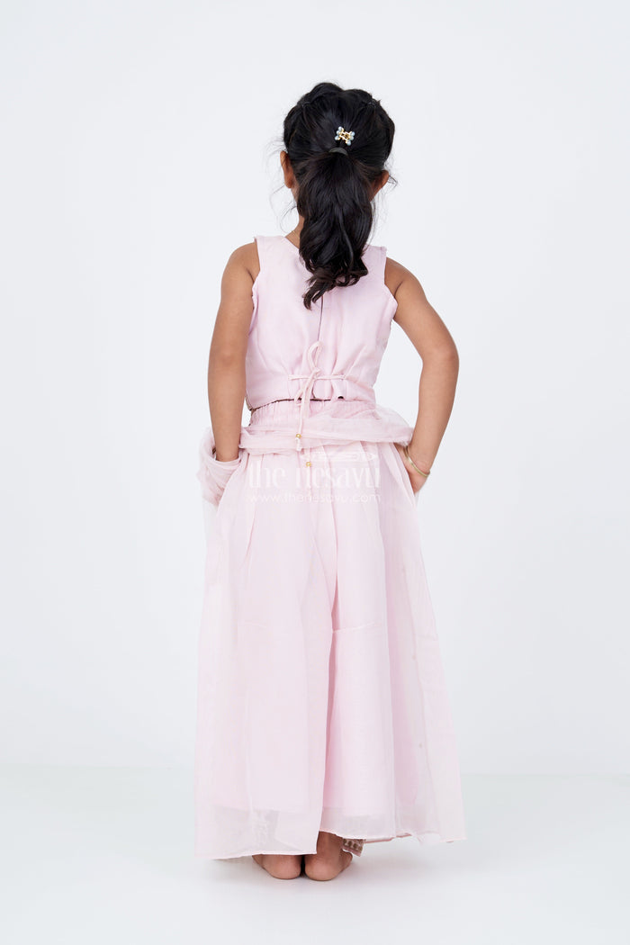 The Nesavu Girls Sharara / Plazo Set Girls Embroidered Plazo with Crop Top for Wedding in Pastel Pink with Tassel Detailing Nesavu Nesavu Girls Embroidered Wedding Plazo Set Crop Top Dupatta Pastel Pink